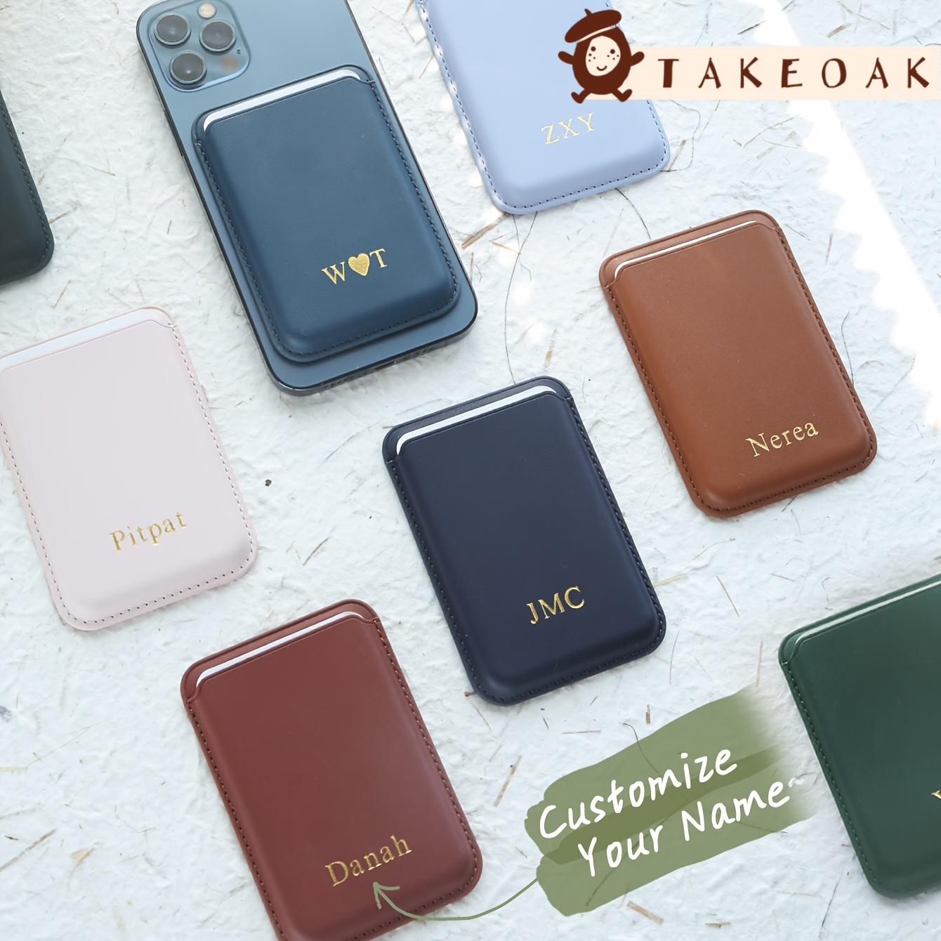 Phone Accessories And Names - カスタムゴールド箔名入れ/デュアルイニシャル磁気PUレザー携帯電話カードホルダー スリムシングルポケット着脱式MagSafeバックウォレット