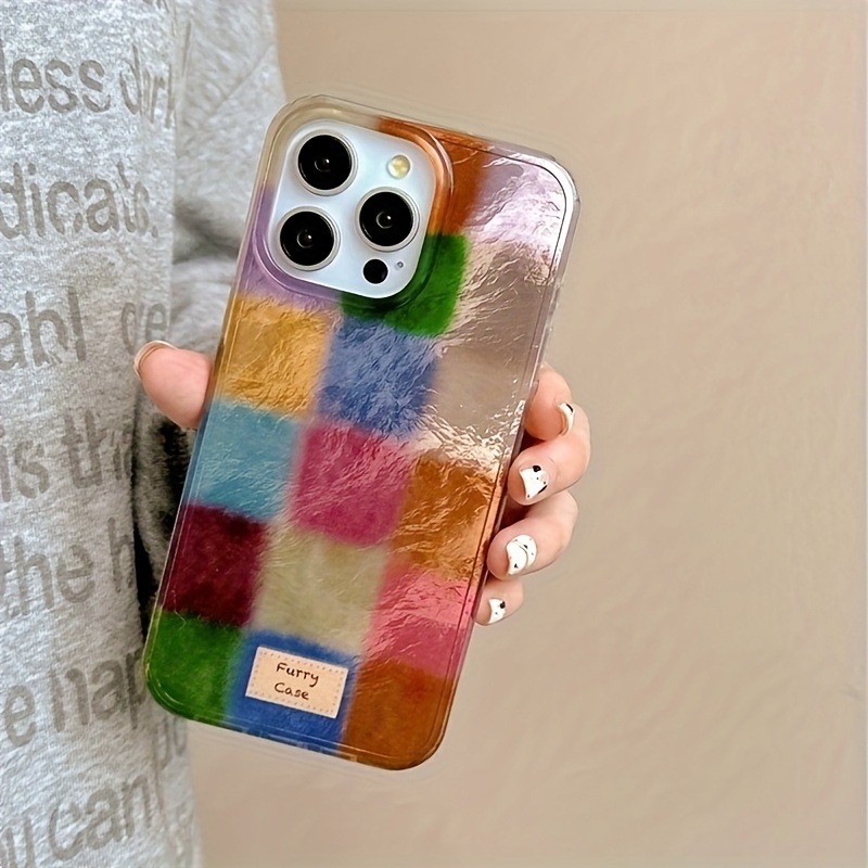 Phone Accessories To Sell - レトロな秋冬のカラフルなスクエア箔柄iPhoneケース（iPhone 17、16、15、14、13、12、11 Pro Max、XS、XR、7、8 Plus対応）IMDカバー
