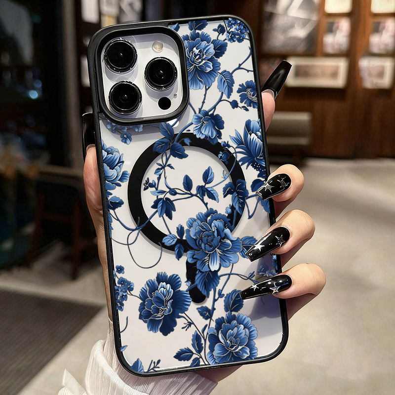 高級ヴィンテージブルーフローラルマグネット式iPhoneケー - Magnetic Phone Case のレビューと価格