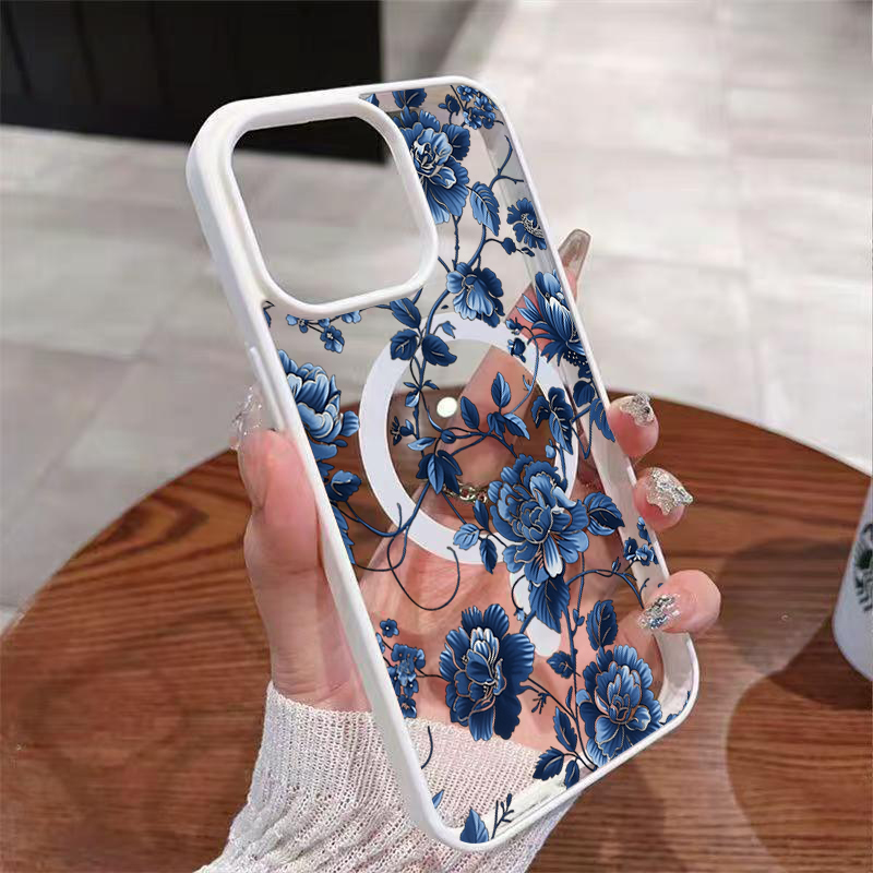 高級ヴィンテージブルーフローラルマグネット式iPhoneケー - Magnetic Phone Case のレビューと価格