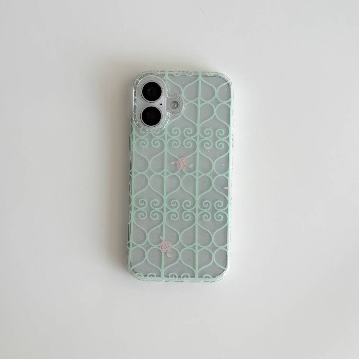 ミントグリーンの鉄窓とピンクのバラ柄の透明なiPhoneケー - Magnetic Phone Case のレビューと価格