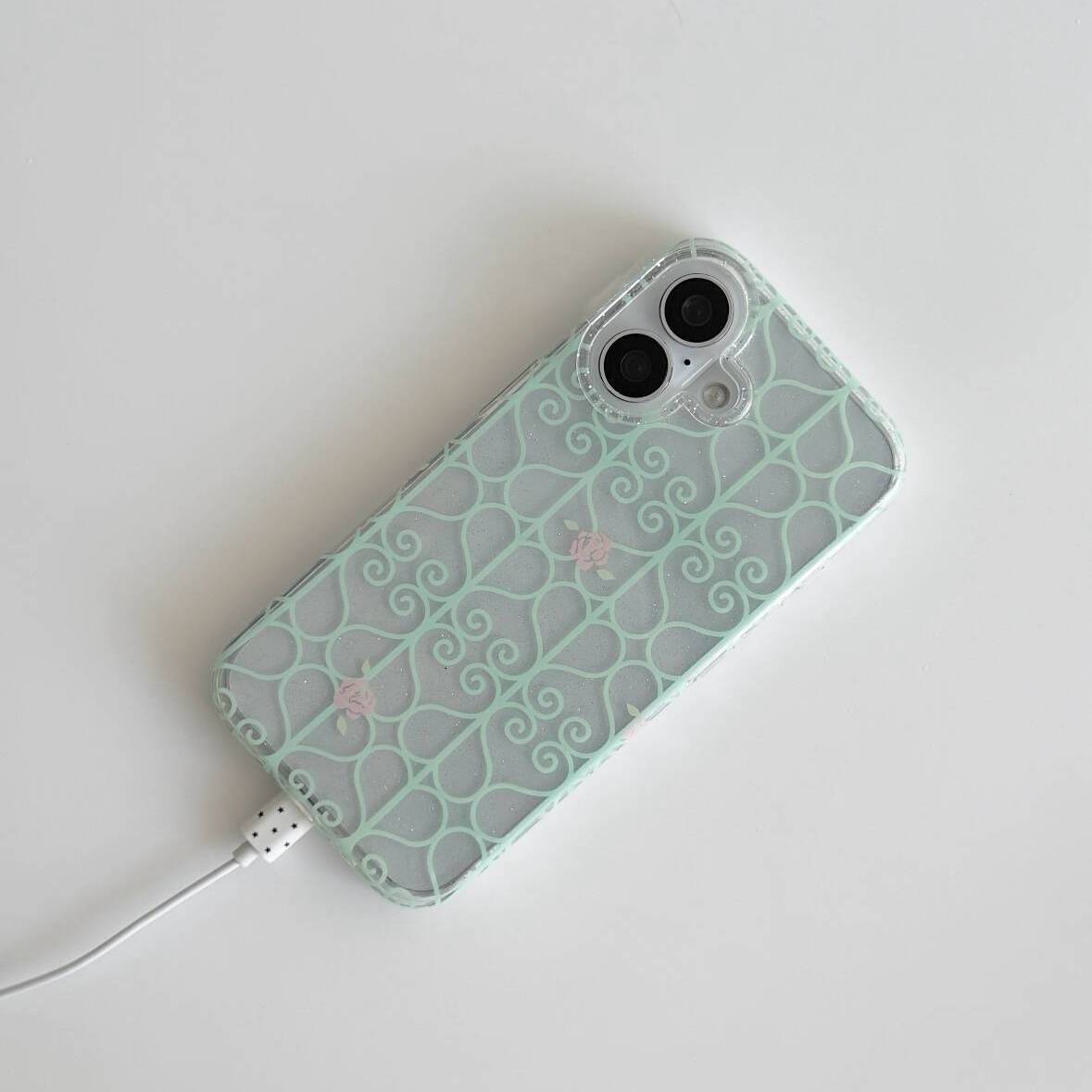 ミントグリーンの鉄窓とピンクのバラ柄の透明なiPhoneケー - Magnetic Phone Case のレビューと価格